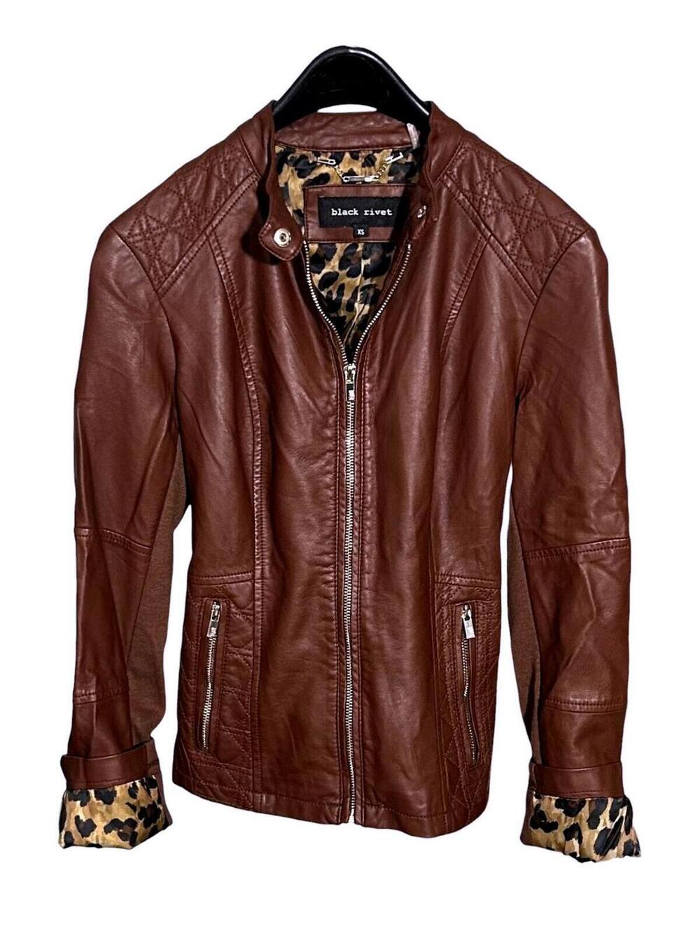 BLACK RIVET Womens (XS) Faux Leather Jacket Deep Brown w/ Leopard Print Lining